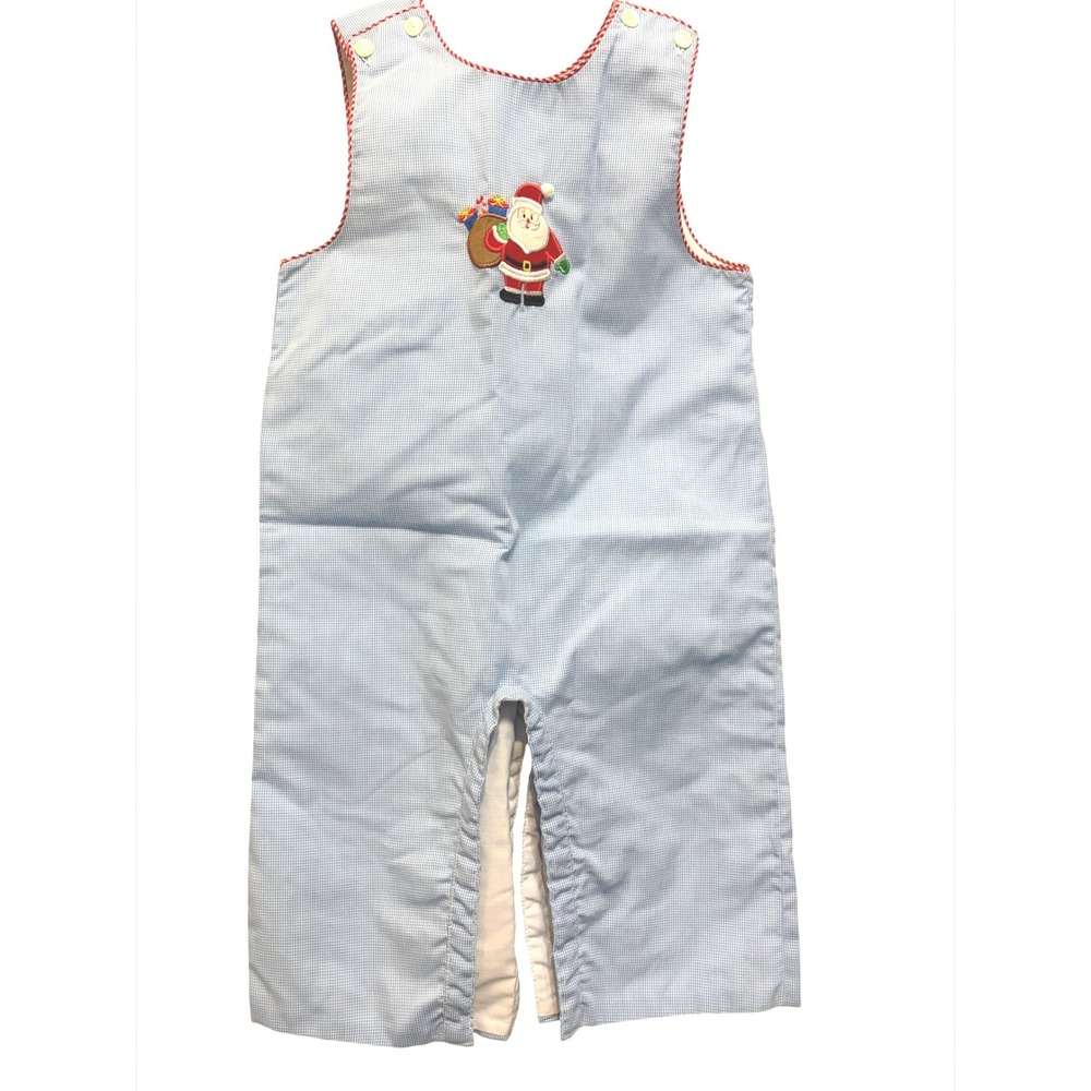Petit Bebe Baby Boy Santa Claus Christmas Longall Blue Gingham Romper 12M HandSm